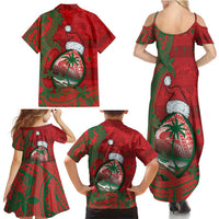 Guam Christmas Family Matching Summer Maxi Dress and Hawaiian Shirt Chamorro Seal Hat Santa Tribal Waves - Polynesian Pride