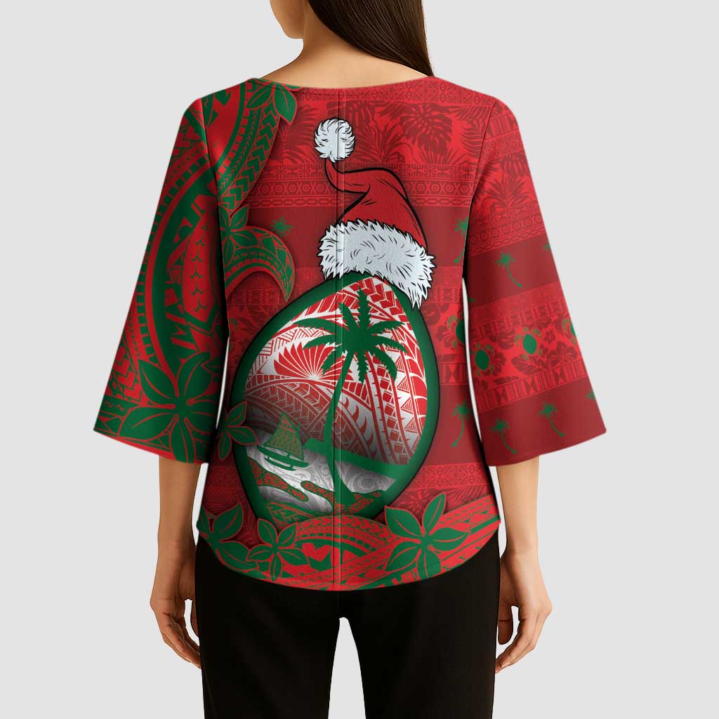 Guam Christmas Kimono Sleeve Blouse Chamorro Seal Hat Santa Tribal Waves - Polynesian Pride