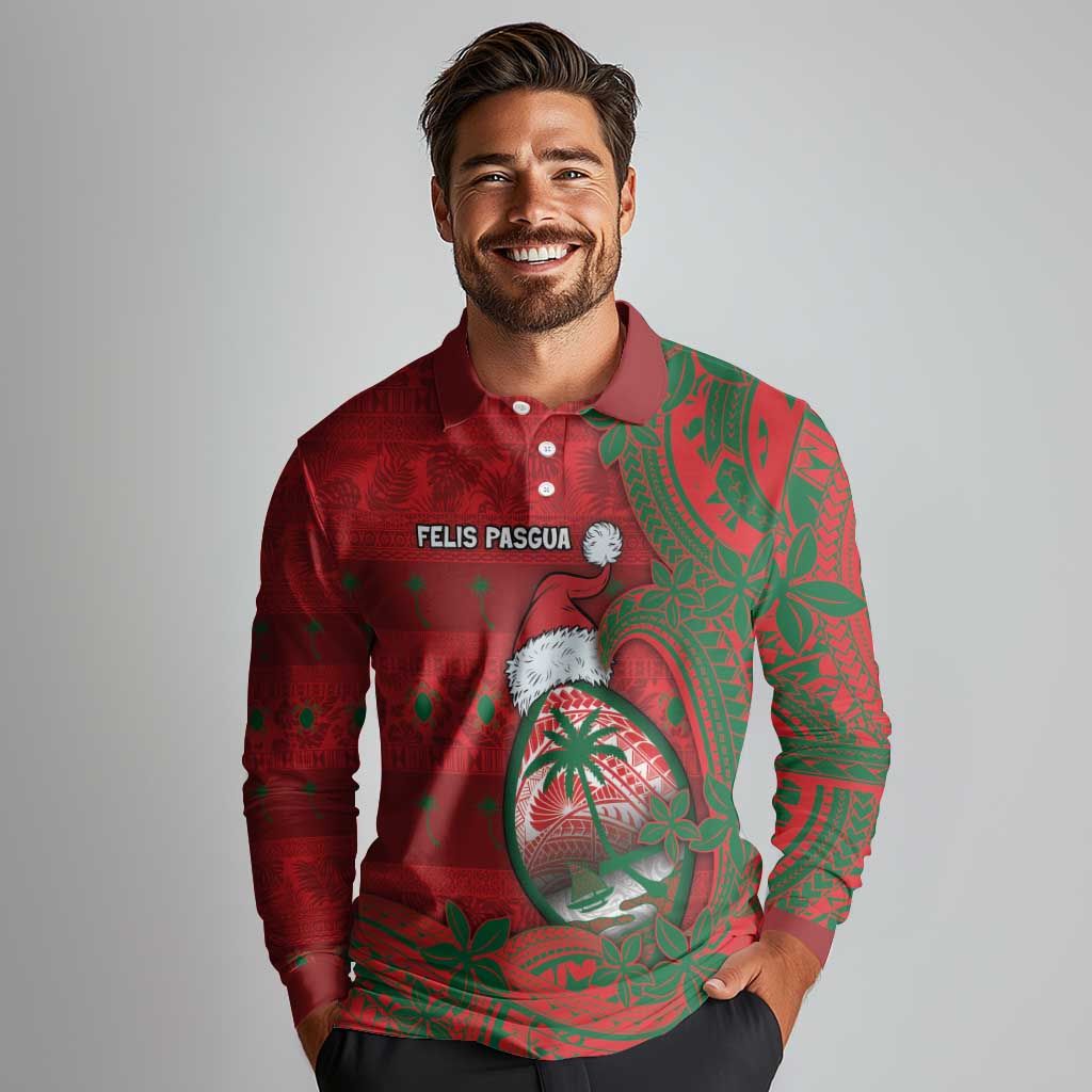 Guam Christmas Long Sleeve Polo Shirt Chamorro Seal Hat Santa Tribal Waves - Polynesian Pride