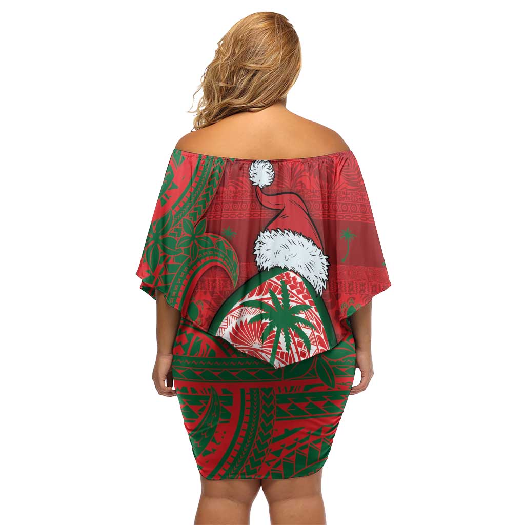 Guam Christmas Off Shoulder Short Dress Chamorro Seal Hat Santa Tribal Waves - Polynesian Pride