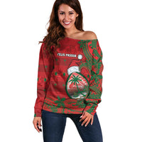 Guam Christmas Off Shoulder Sweater Chamorro Seal Hat Santa Tribal Waves - Polynesian Pride