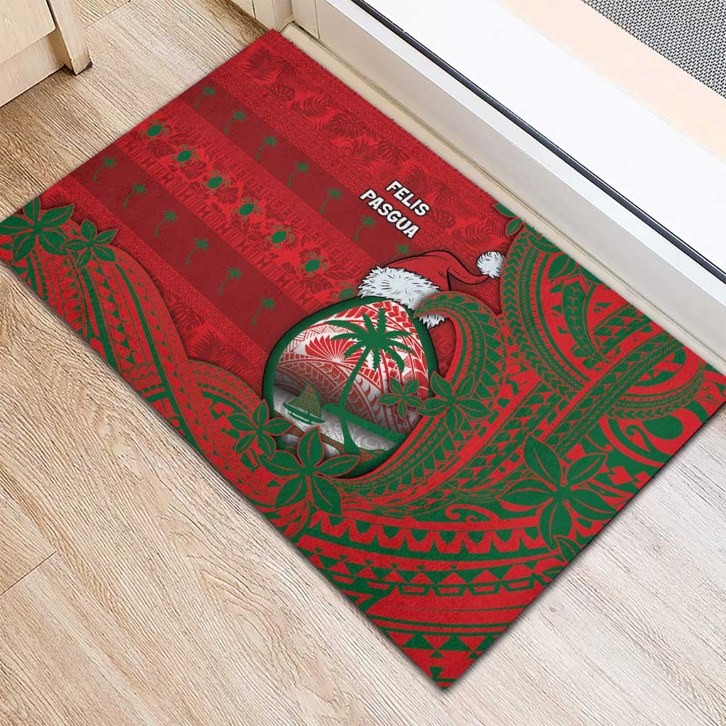 Guam Christmas Rubber Doormat Chamorro Seal Hat Santa Tribal Waves - Polynesian Pride
