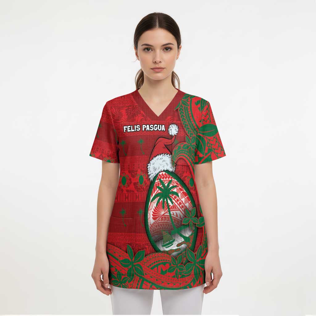 Guam Christmas Scrub Top Chamorro Seal Hat Santa Tribal Waves - Polynesian Pride