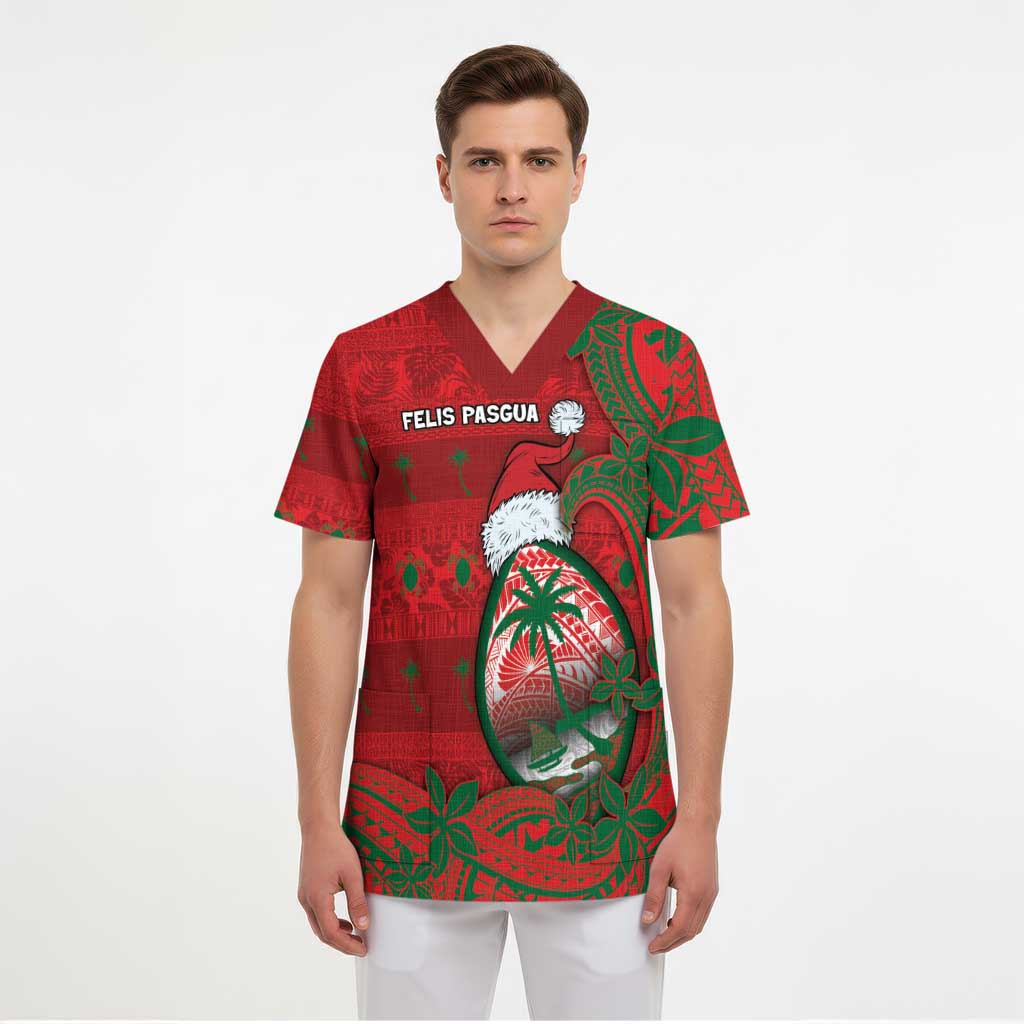 Guam Christmas Scrub Top Chamorro Seal Hat Santa Tribal Waves - Polynesian Pride
