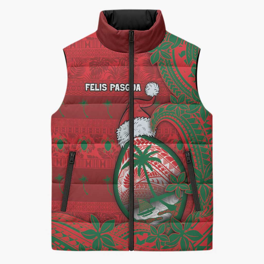 Guam Christmas Sleeveless Puffer Jacket Chamorro Seal Hat Santa Tribal Waves - Polynesian Pride