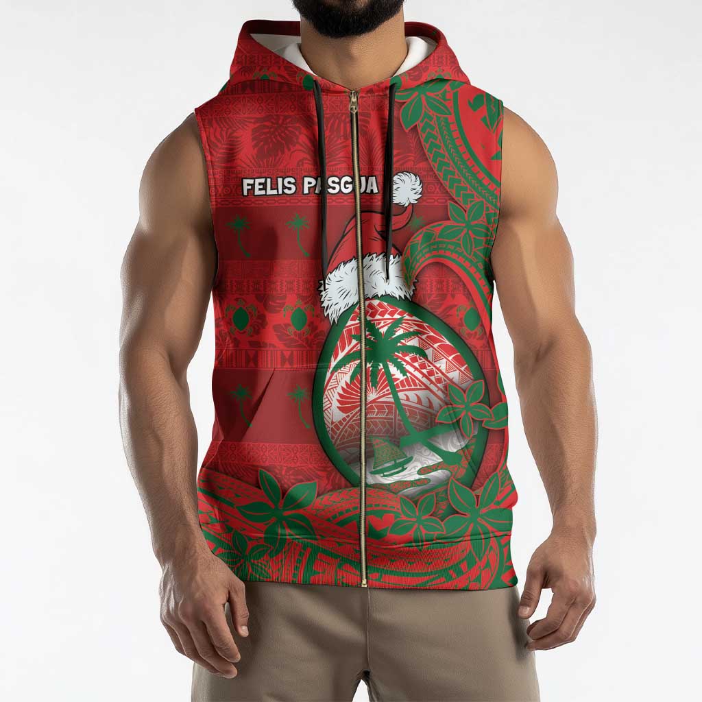 Guam Christmas Sleeveless Zip Hoodie Chamorro Seal Hat Santa Tribal Waves - Polynesian Pride
