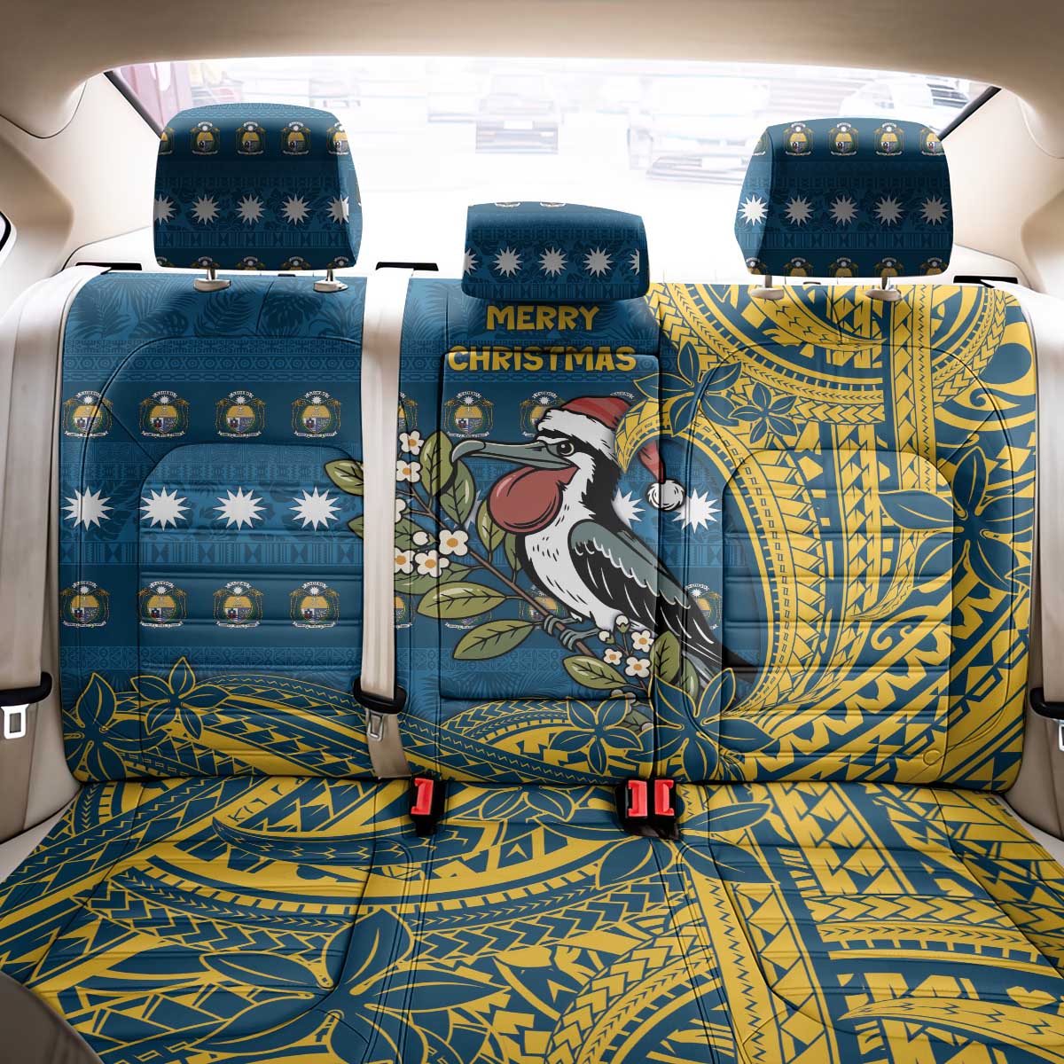 Nauru Christmas Back Car Seat Cover Frigatebird Bird Santa Tribal Waves - Polynesian Pride