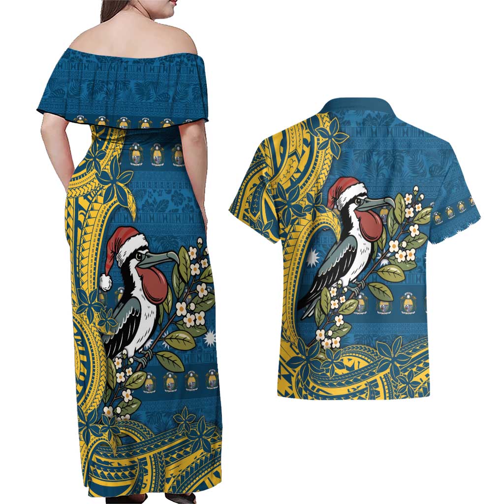 Nauru Christmas Couples Matching Off Shoulder Maxi Dress and Hawaiian Shirt Frigatebird Bird Santa Tribal Waves - Polynesian Pride