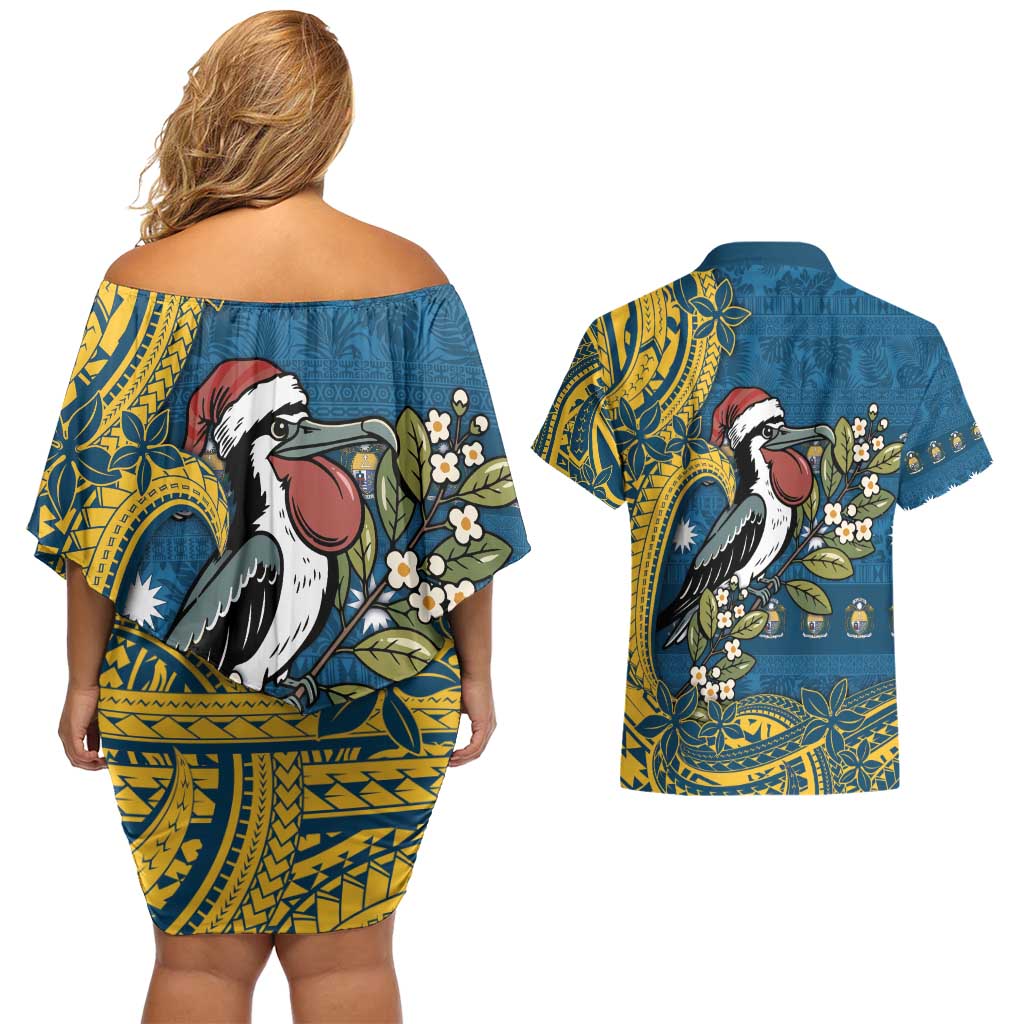 Nauru Christmas Couples Matching Off Shoulder Short Dress and Hawaiian Shirt Frigatebird Bird Santa Tribal Waves - Polynesian Pride