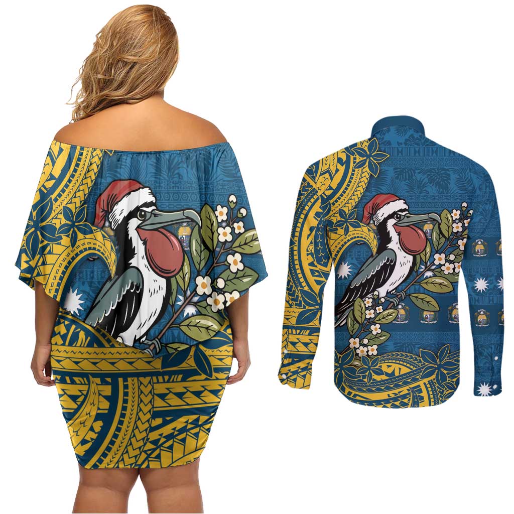 Nauru Christmas Couples Matching Off Shoulder Short Dress and Long Sleeve Button Shirt Frigatebird Bird Santa Tribal Waves DT05 - Polynesian Pride