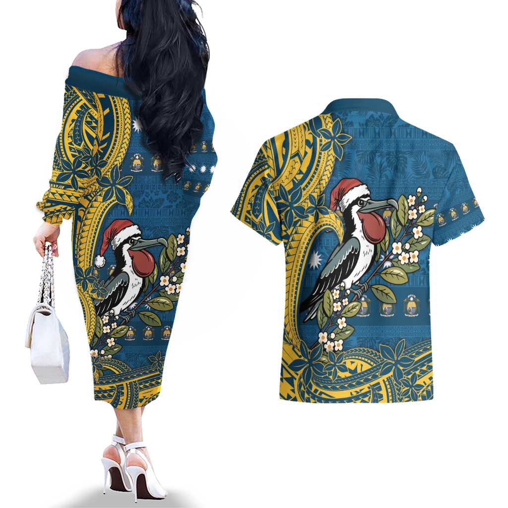 Nauru Christmas Couples Matching Off The Shoulder Long Sleeve Dress and Hawaiian Shirt Frigatebird Bird Santa Tribal Waves - Polynesian Pride
