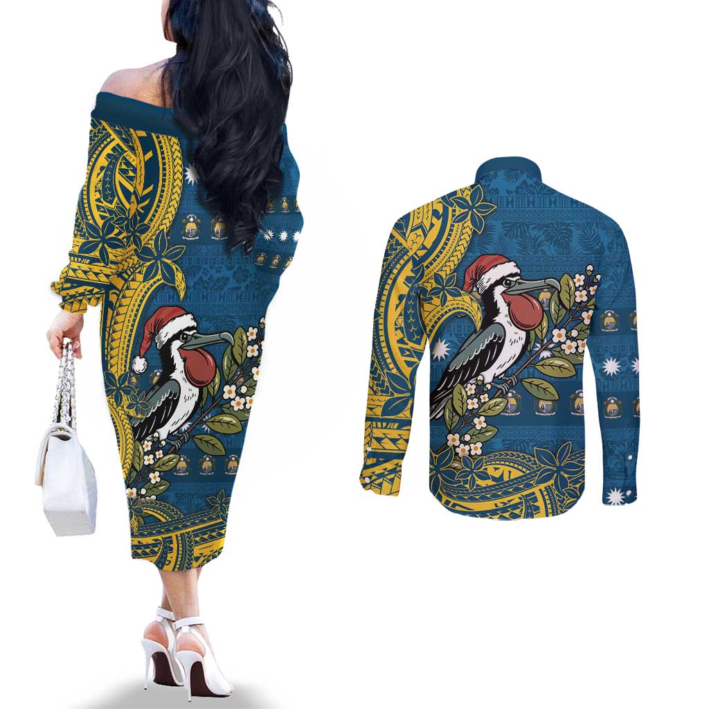 Nauru Christmas Couples Matching Off The Shoulder Long Sleeve Dress and Long Sleeve Button Shirt Frigatebird Bird Santa Tribal Waves DT05 - Polynesian Pride