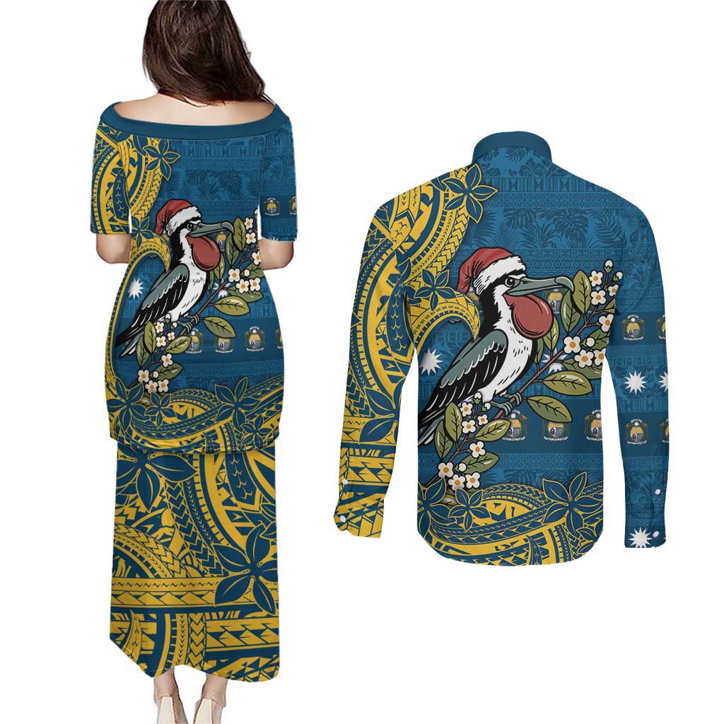 Nauru Christmas Couples Matching Puletasi and Long Sleeve Button Shirt Frigatebird Bird Santa Tribal Waves - Polynesian Pride