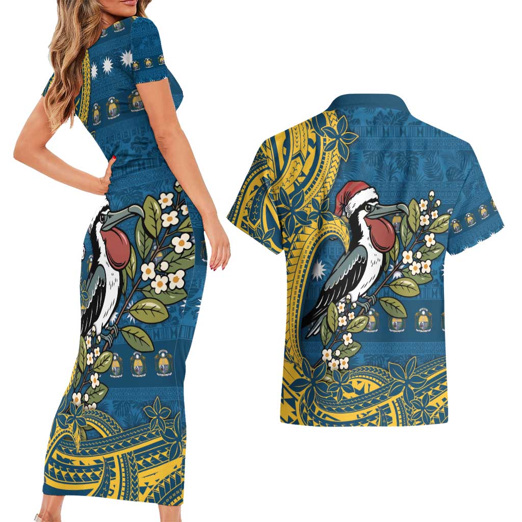 Nauru Christmas Couples Matching Short Sleeve Bodycon Dress and Hawaiian Shirt Frigatebird Bird Santa Tribal Waves - Polynesian Pride
