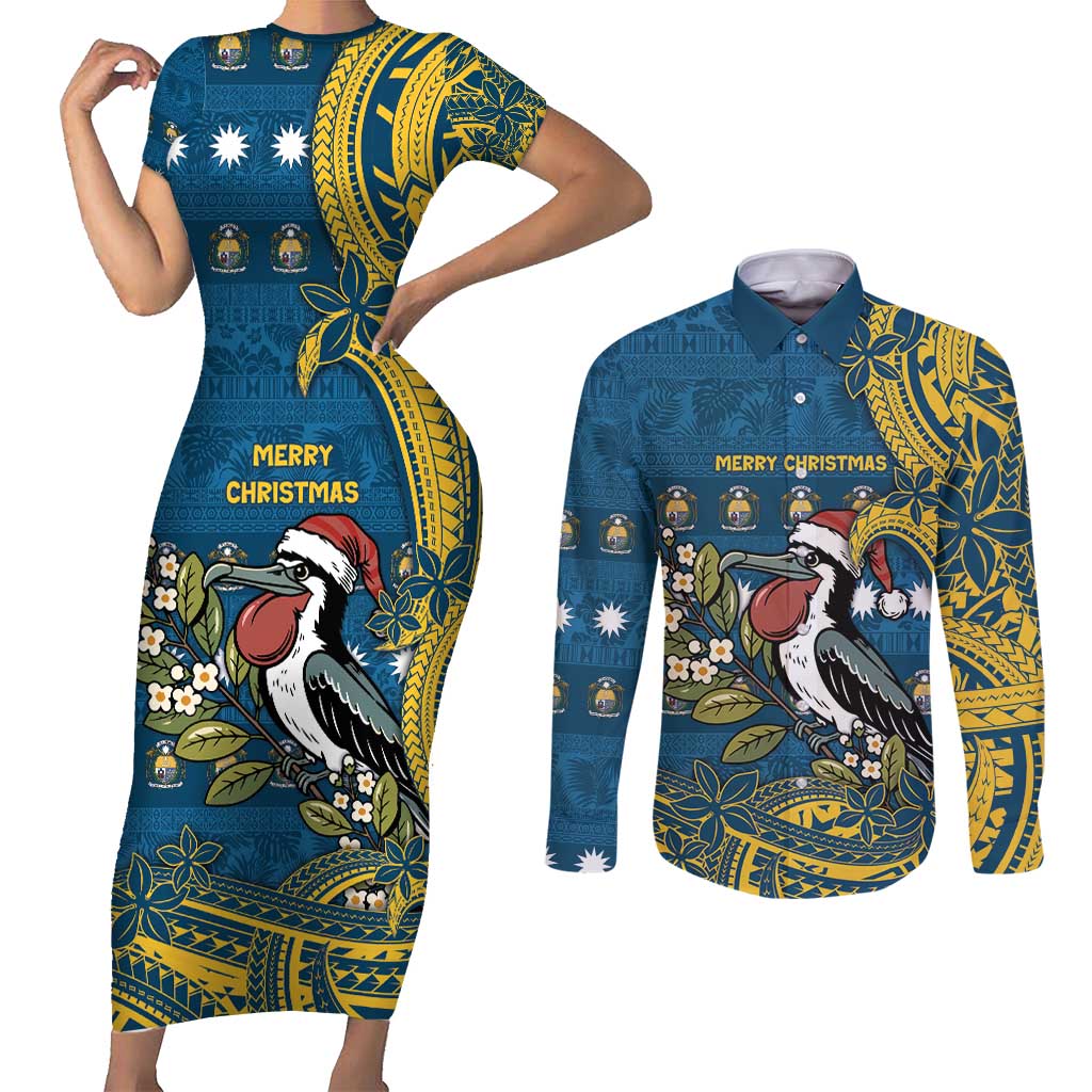 Nauru Christmas Couples Matching Short Sleeve Bodycon Dress and Long Sleeve Button Shirt Frigatebird Bird Santa Tribal Waves DT05 Deep Blue - Polynesian Pride