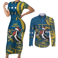Nauru Christmas Couples Matching Short Sleeve Bodycon Dress and Long Sleeve Button Shirt Frigatebird Bird Santa Tribal Waves DT05 Deep Blue - Polynesian Pride
