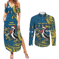 Nauru Christmas Couples Matching Summer Maxi Dress and Long Sleeve Button Shirt Frigatebird Bird Santa Tribal Waves - Polynesian Pride