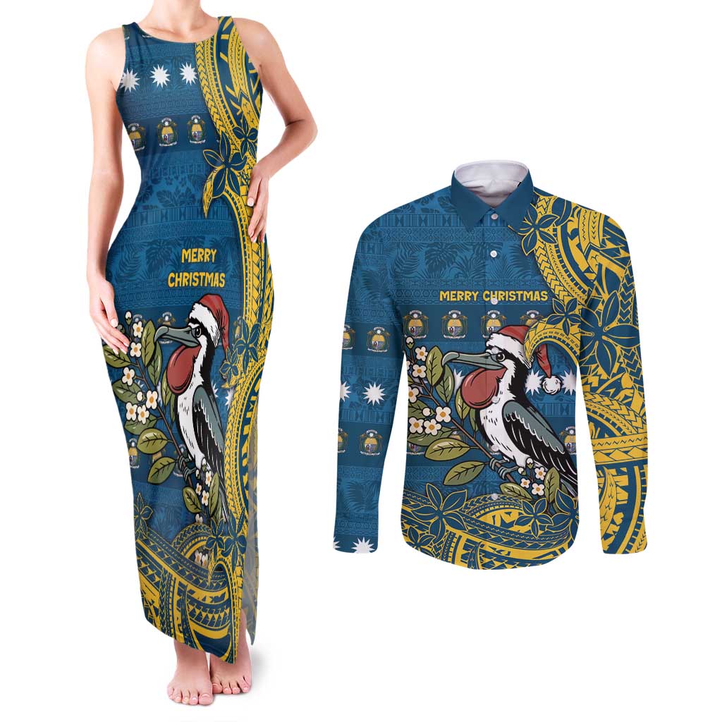 Nauru Christmas Couples Matching Tank Maxi Dress and Long Sleeve Button Shirt Frigatebird Bird Santa Tribal Waves DT05 Deep Blue - Polynesian Pride