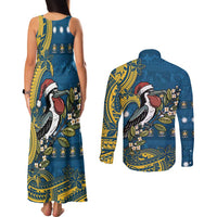 Nauru Christmas Couples Matching Tank Maxi Dress and Long Sleeve Button Shirt Frigatebird Bird Santa Tribal Waves DT05 - Polynesian Pride
