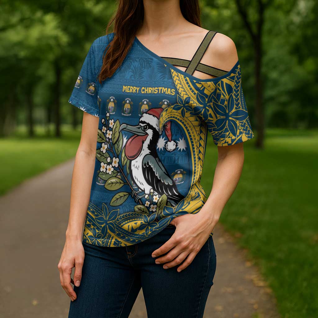 Nauru Christmas Cross Shoulder Shirt Frigatebird Bird Santa Tribal Waves - Polynesian Pride