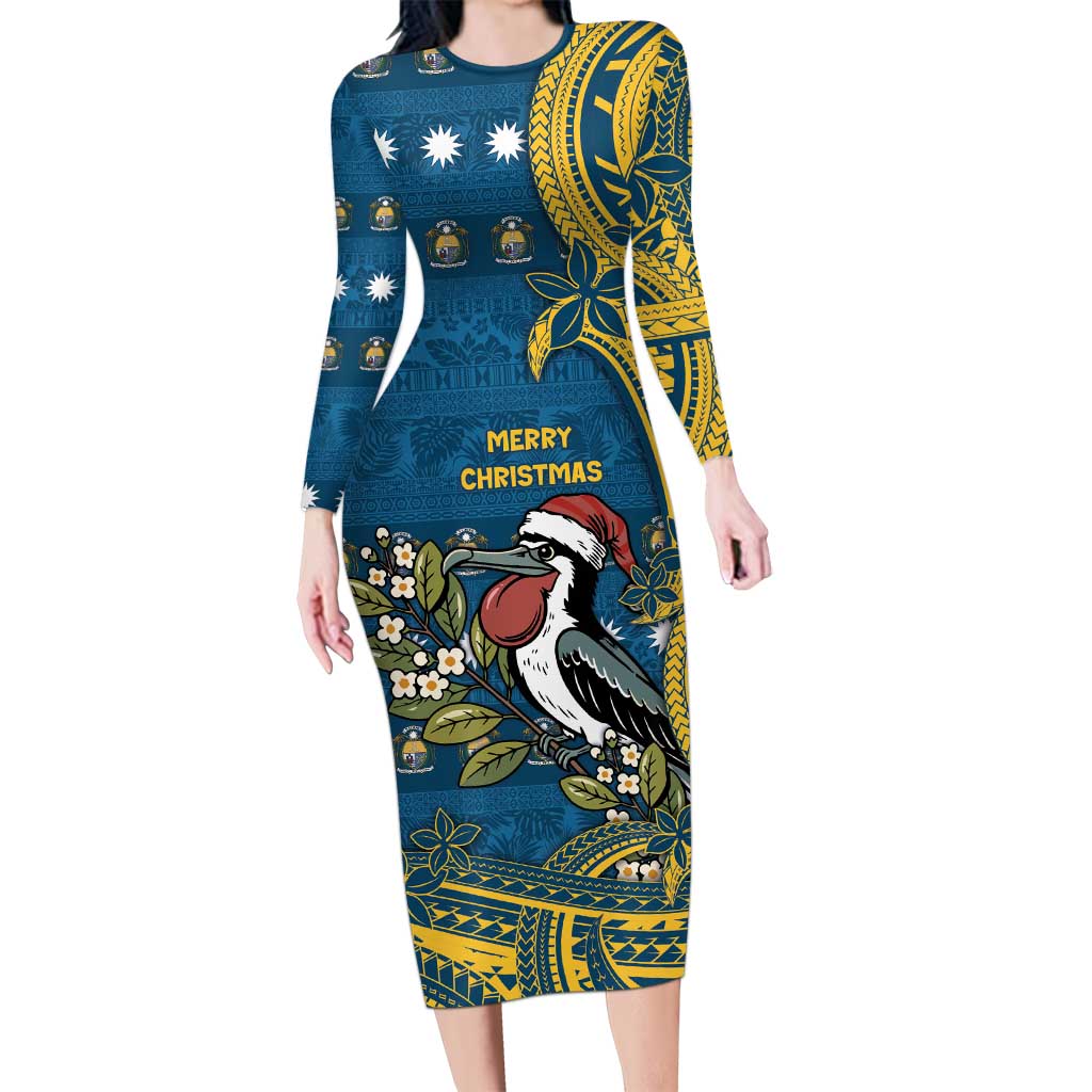 Nauru Christmas Family Matching Long Sleeve Bodycon Dress and Hawaiian Shirt Frigatebird Bird Santa Tribal Waves - Polynesian Pride