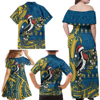 Nauru Christmas Family Matching Off Shoulder Maxi Dress and Hawaiian Shirt Frigatebird Bird Santa Tribal Waves - Polynesian Pride