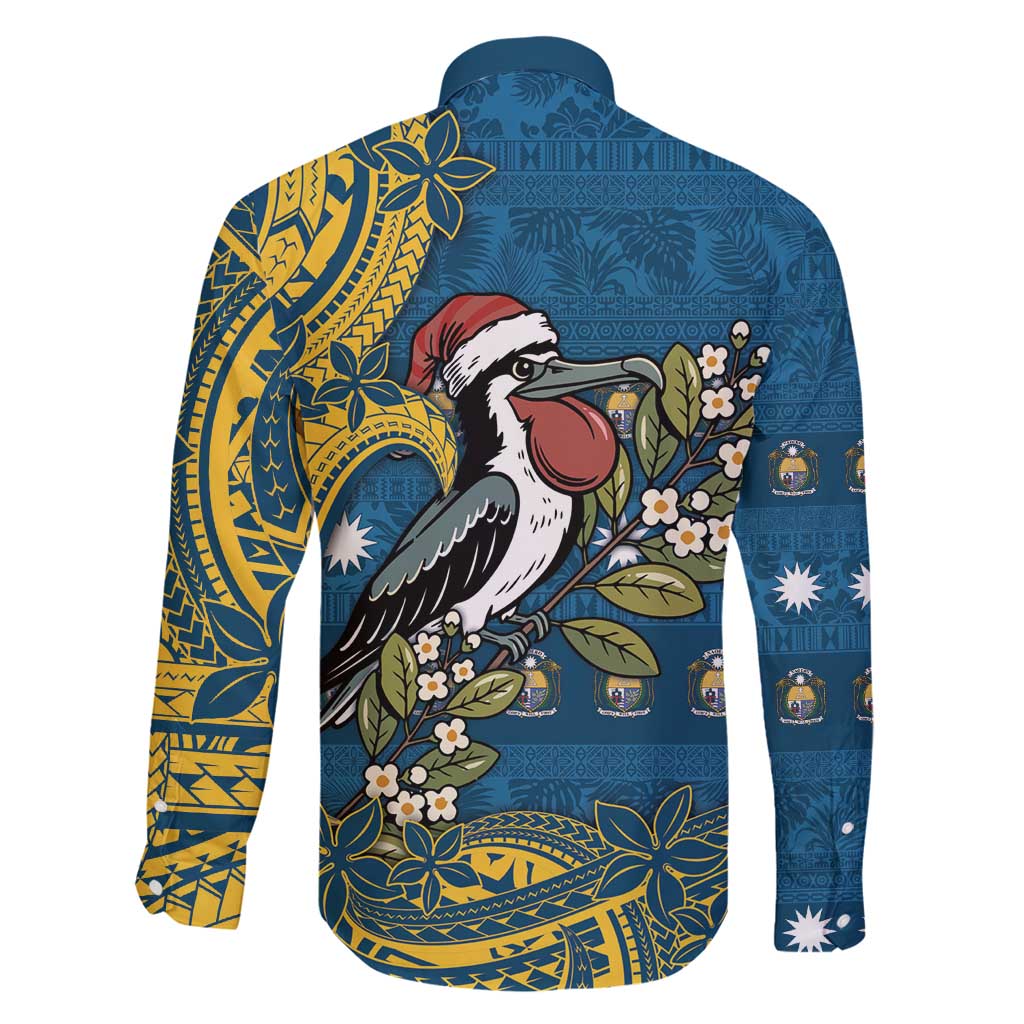 Nauru Christmas Family Matching Off Shoulder Maxi Dress and Hawaiian Shirt Frigatebird Bird Santa Tribal Waves - Polynesian Pride