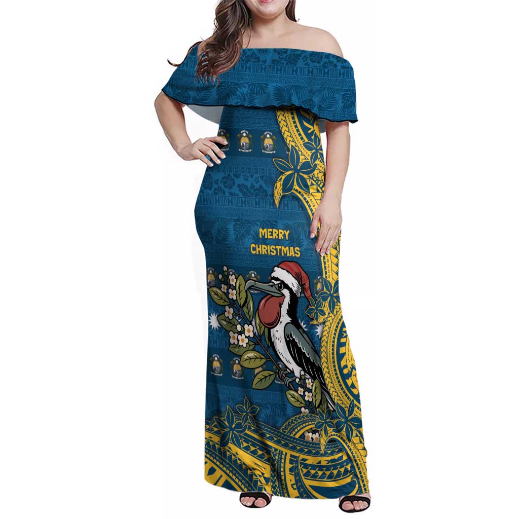 Nauru Christmas Family Matching Off Shoulder Maxi Dress and Hawaiian Shirt Frigatebird Bird Santa Tribal Waves - Polynesian Pride