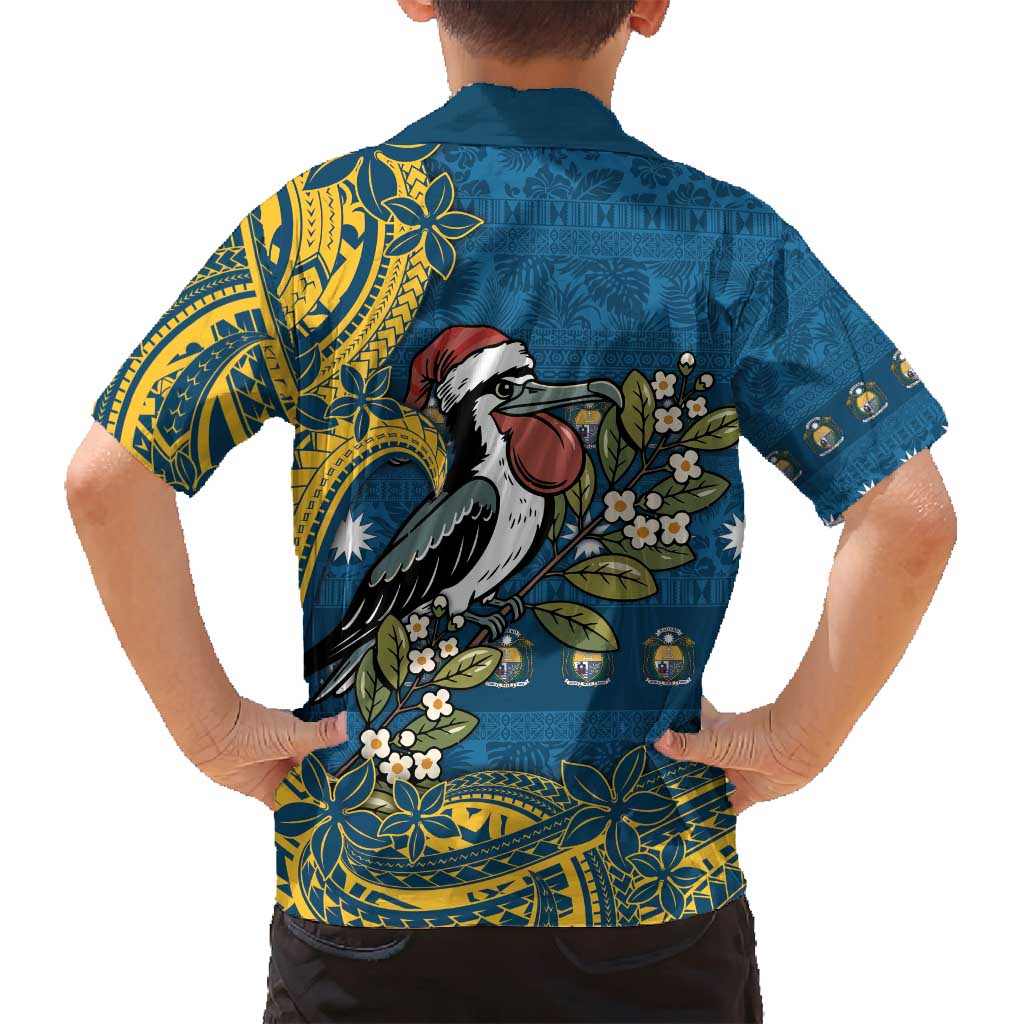 Nauru Christmas Family Matching Off Shoulder Short Dress and Hawaiian Shirt Frigatebird Bird Santa Tribal Waves - Polynesian Pride