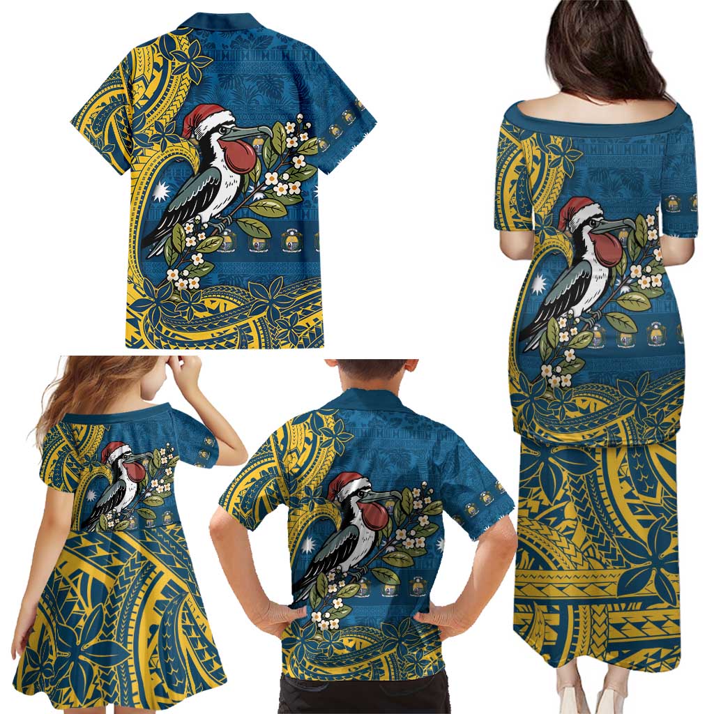 Nauru Christmas Family Matching Puletasi and Hawaiian Shirt Frigatebird Bird Santa Tribal Waves - Polynesian Pride