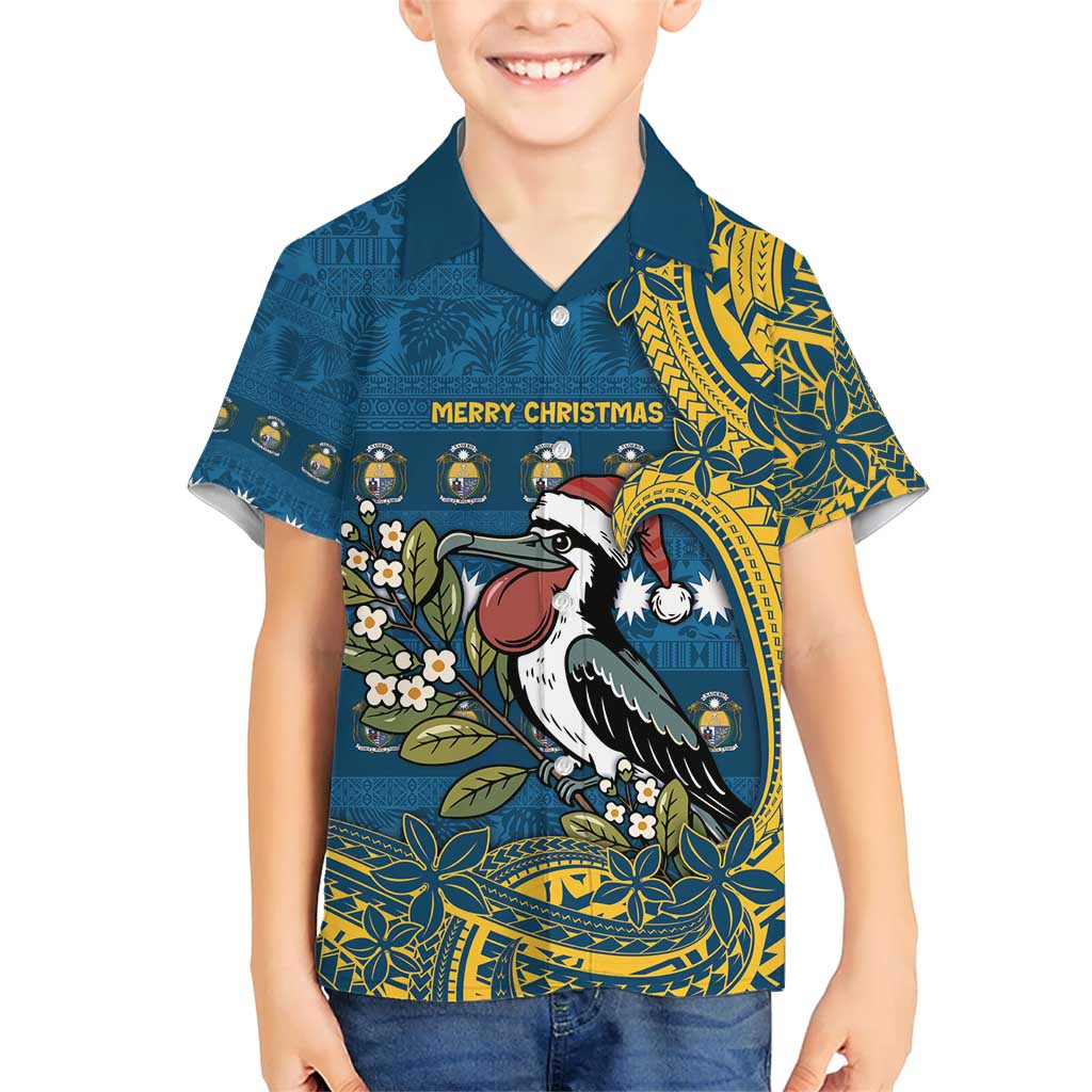 Nauru Christmas Family Matching Short Sleeve Bodycon Dress and Hawaiian Shirt Frigatebird Bird Santa Tribal Waves - Polynesian Pride