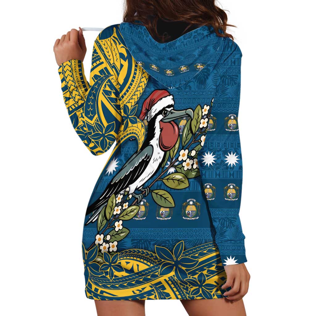 Nauru Christmas Hoodie Dress Frigatebird Bird Santa Tribal Waves - Polynesian Pride