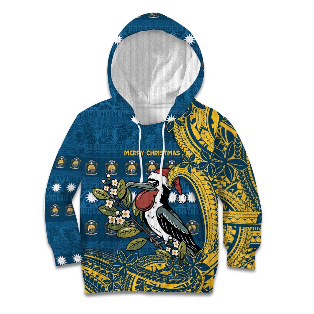 Nauru Christmas Kid Hoodie Frigatebird Bird Santa Tribal Waves - Polynesian Pride