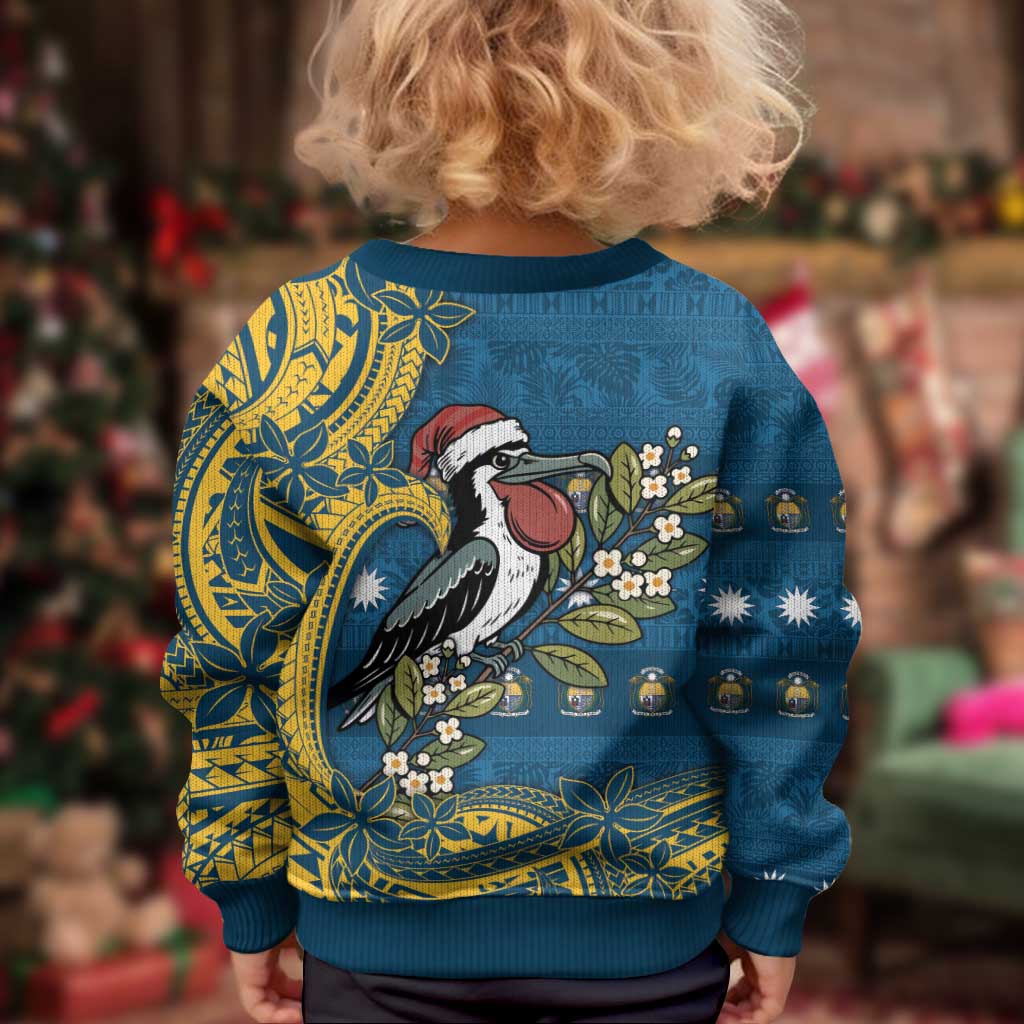 Nauru Christmas Kid Ugly Christmas Sweater Frigatebird Bird Santa Tribal Waves - Polynesian Pride