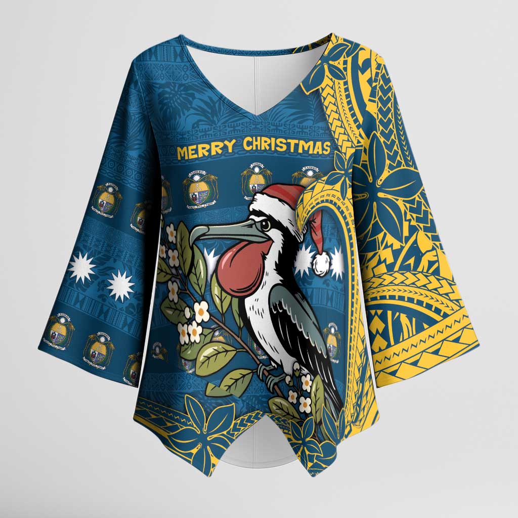 Nauru Christmas Kimono Sleeve Blouse Frigatebird Bird Santa Tribal Waves - Polynesian Pride