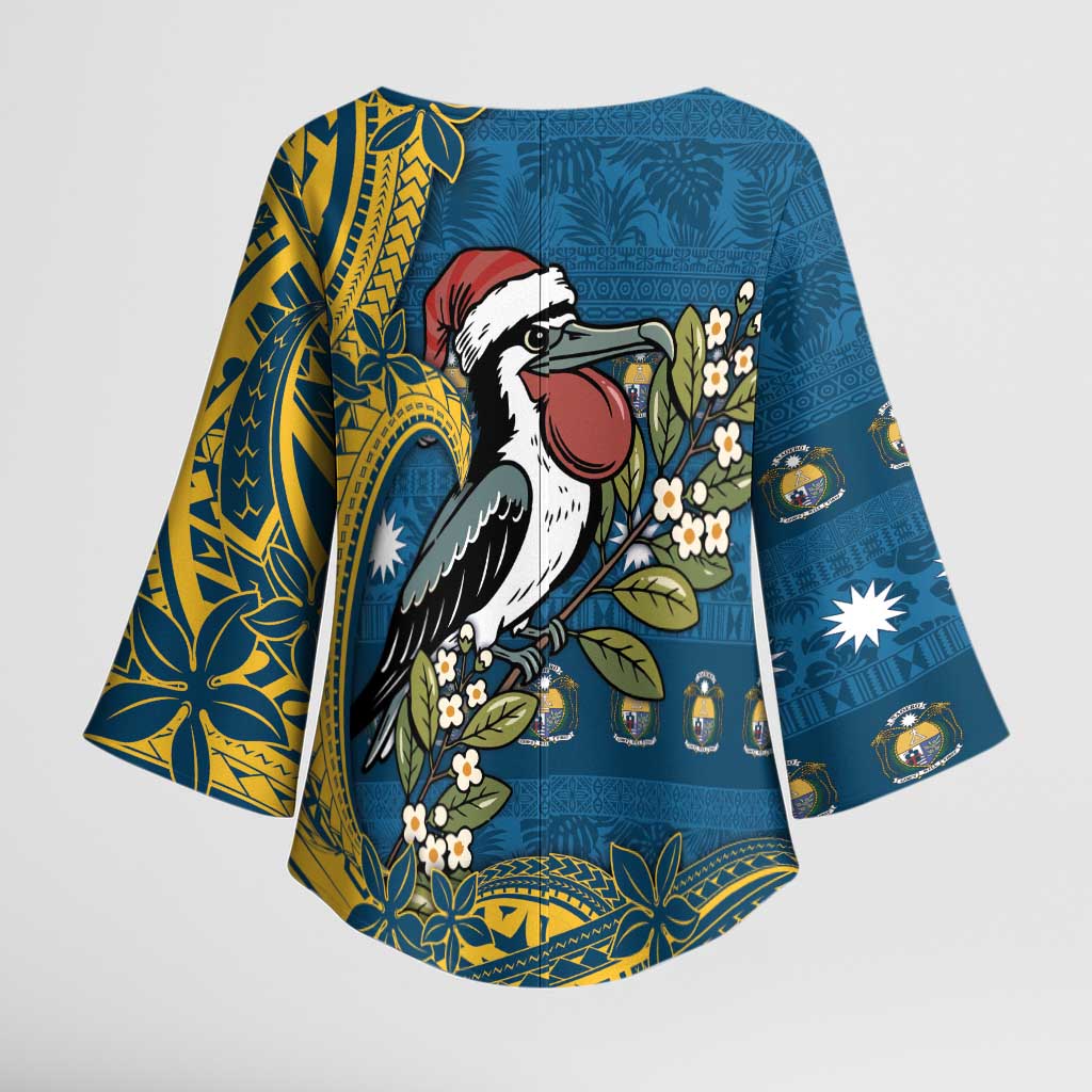 Nauru Christmas Kimono Sleeve Blouse Frigatebird Bird Santa Tribal Waves - Polynesian Pride