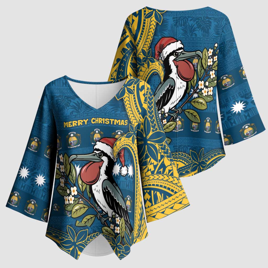 Nauru Christmas Kimono Sleeve Blouse Frigatebird Bird Santa Tribal Waves - Polynesian Pride