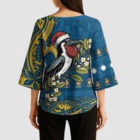 Nauru Christmas Kimono Sleeve Blouse Frigatebird Bird Santa Tribal Waves - Polynesian Pride