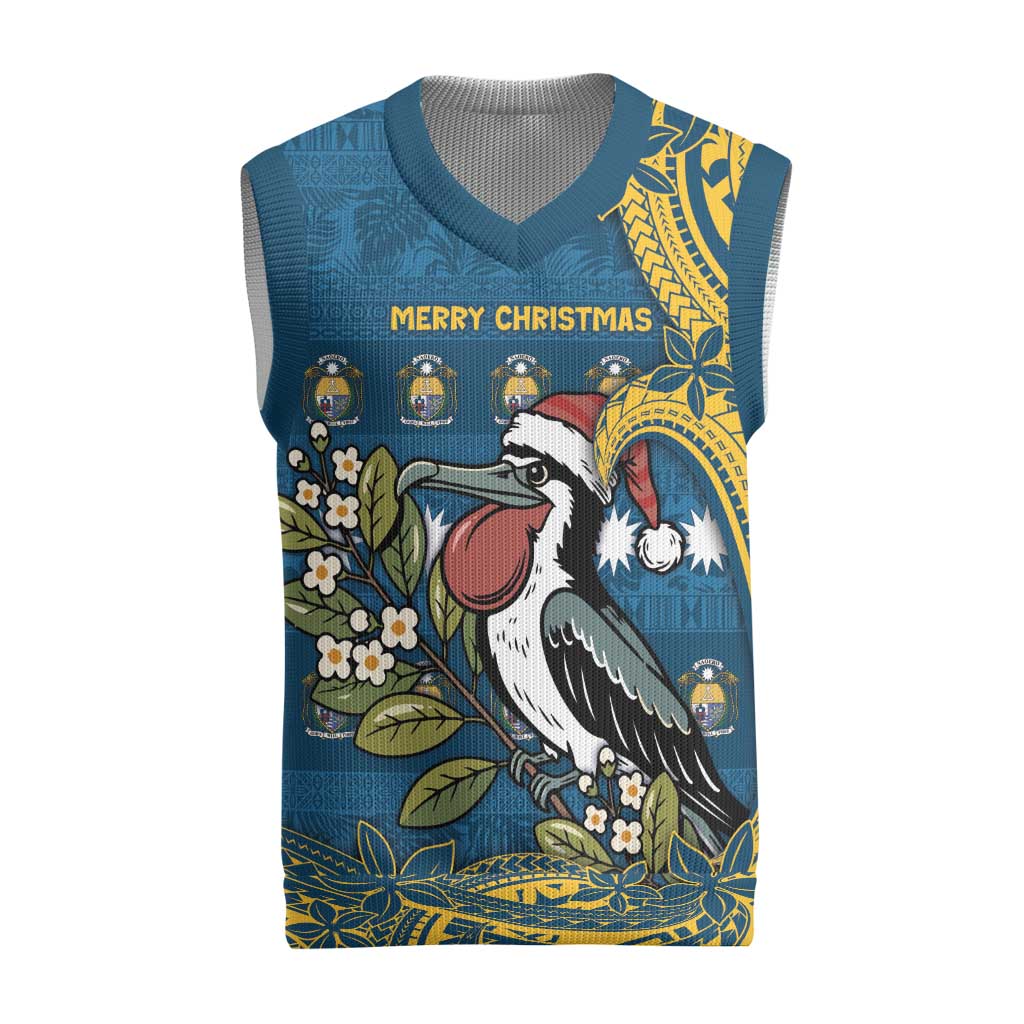 Nauru Christmas Knitted V-Neck Vest Frigatebird Bird Santa Tribal Waves - Polynesian Pride