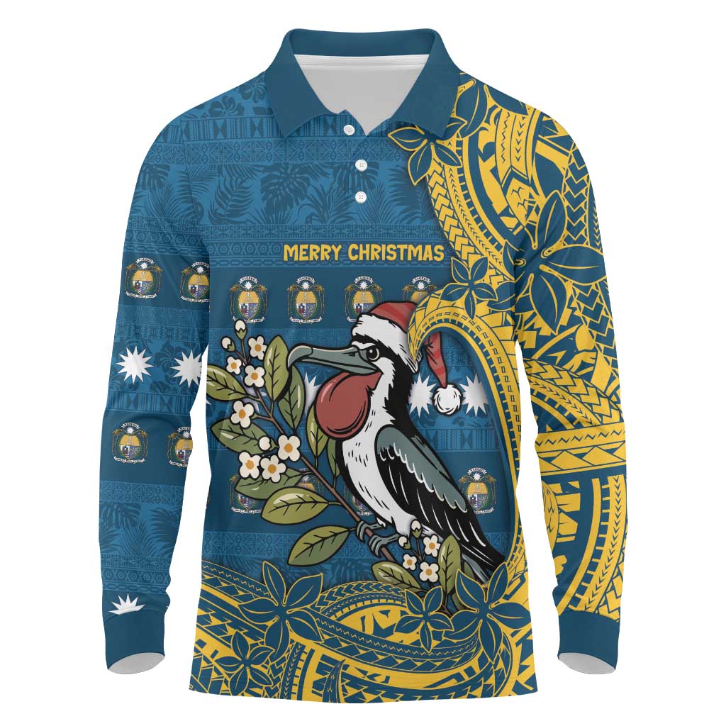 Nauru Christmas Long Sleeve Polo Shirt Frigatebird Bird Santa Tribal Waves - Polynesian Pride