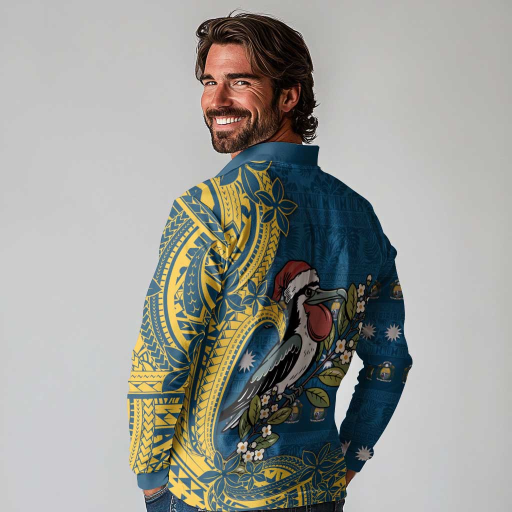 Nauru Christmas Long Sleeve Polo Shirt Frigatebird Bird Santa Tribal Waves - Polynesian Pride