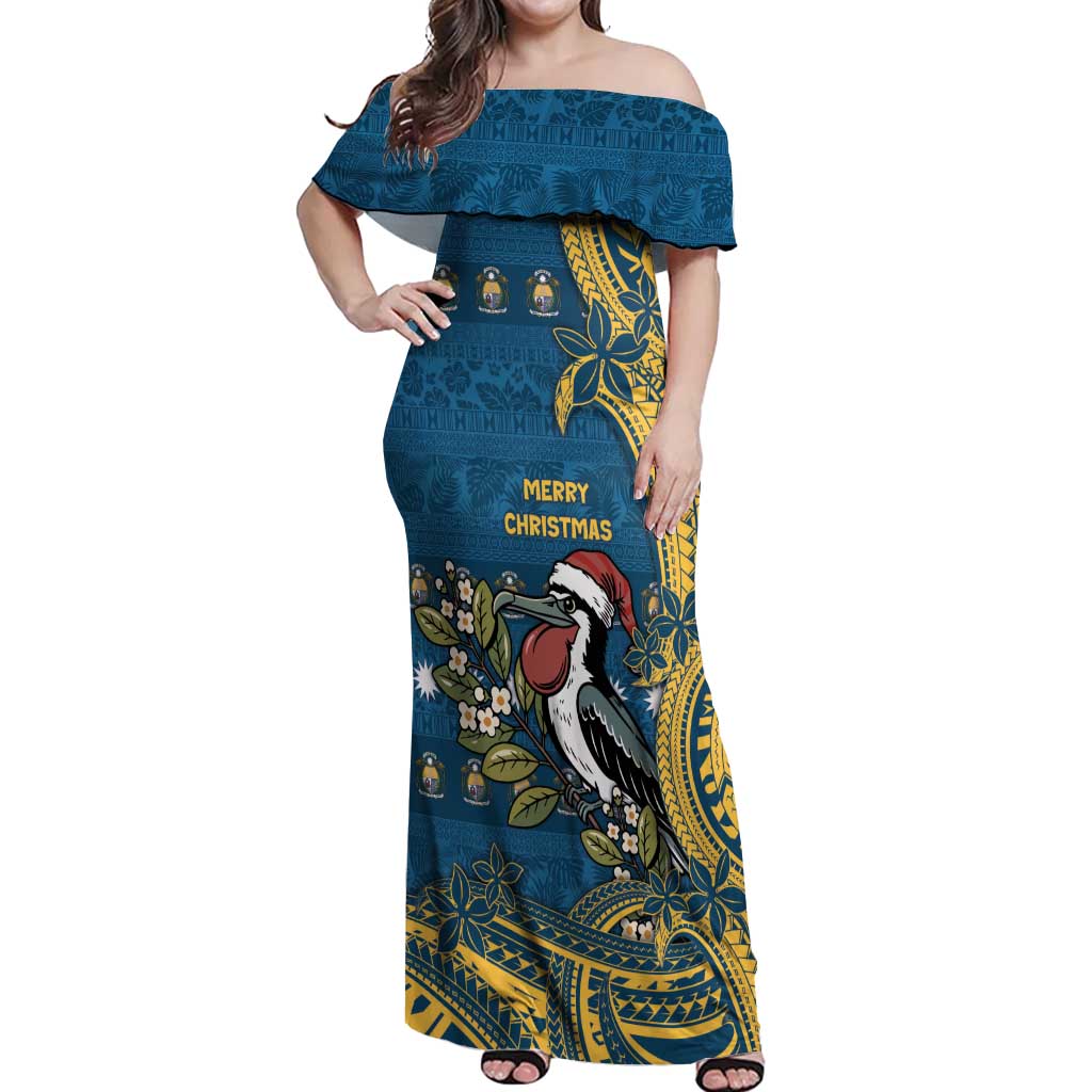 Nauru Christmas Off Shoulder Maxi Dress Frigatebird Bird Santa Tribal Waves DT05 Women Deep Blue - Polynesian Pride