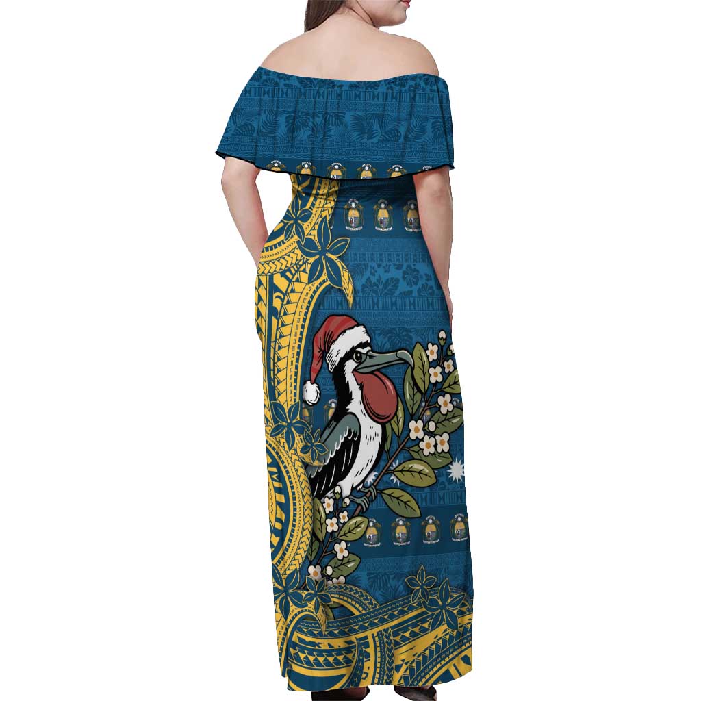 Nauru Christmas Off Shoulder Maxi Dress Frigatebird Bird Santa Tribal Waves DT05 - Polynesian Pride