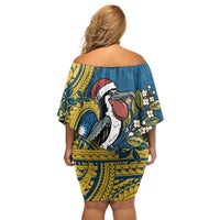Nauru Christmas Off Shoulder Short Dress Frigatebird Bird Santa Tribal Waves - Polynesian Pride