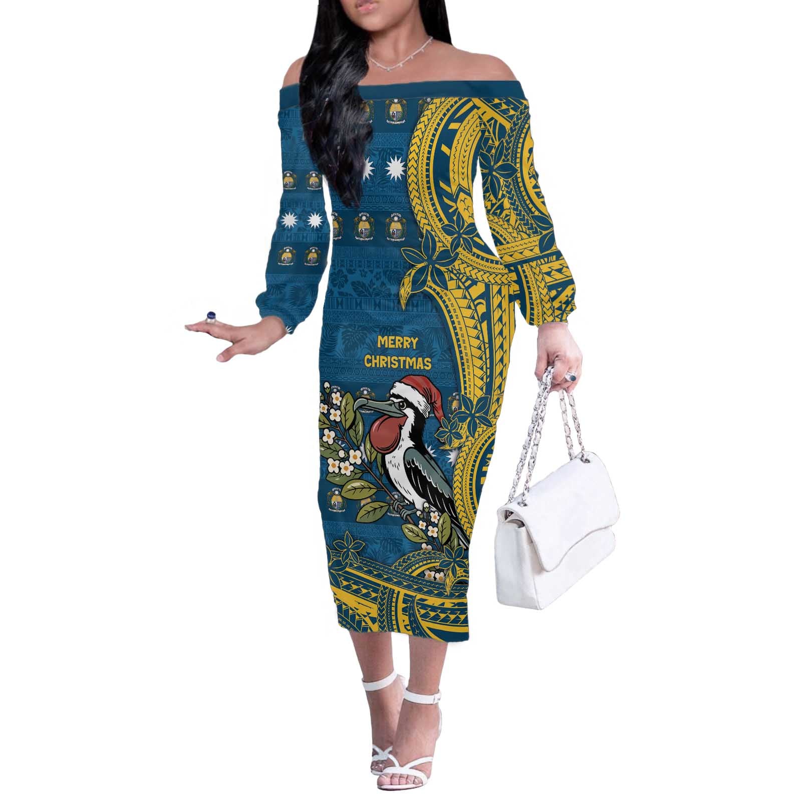 Nauru Christmas Off The Shoulder Long Sleeve Dress Frigatebird Bird Santa Tribal Waves DT05 Women Deep Blue - Polynesian Pride