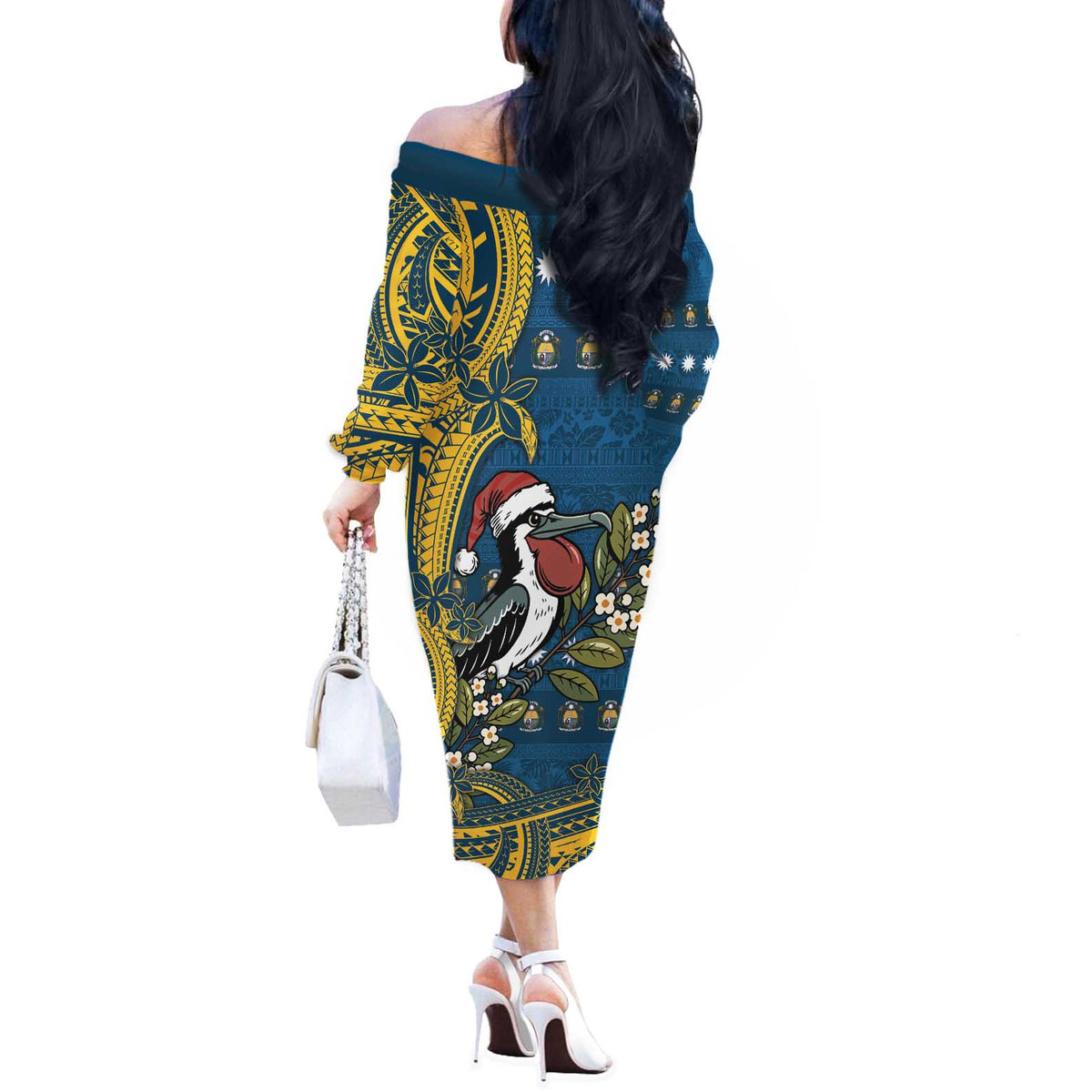 Nauru Christmas Off The Shoulder Long Sleeve Dress Frigatebird Bird Santa Tribal Waves - Polynesian Pride