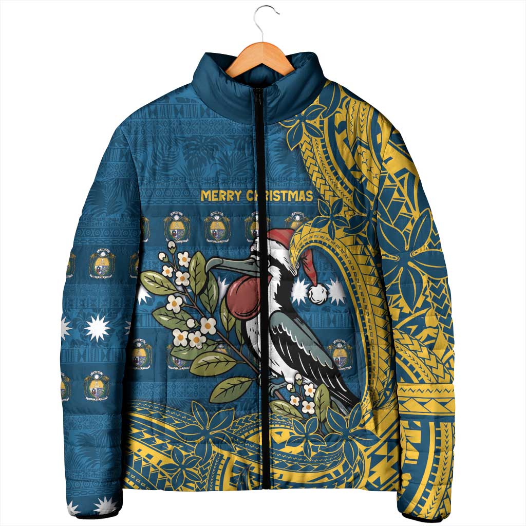 Nauru Christmas Padded Jacket Frigatebird Bird Santa Tribal Waves - Polynesian Pride