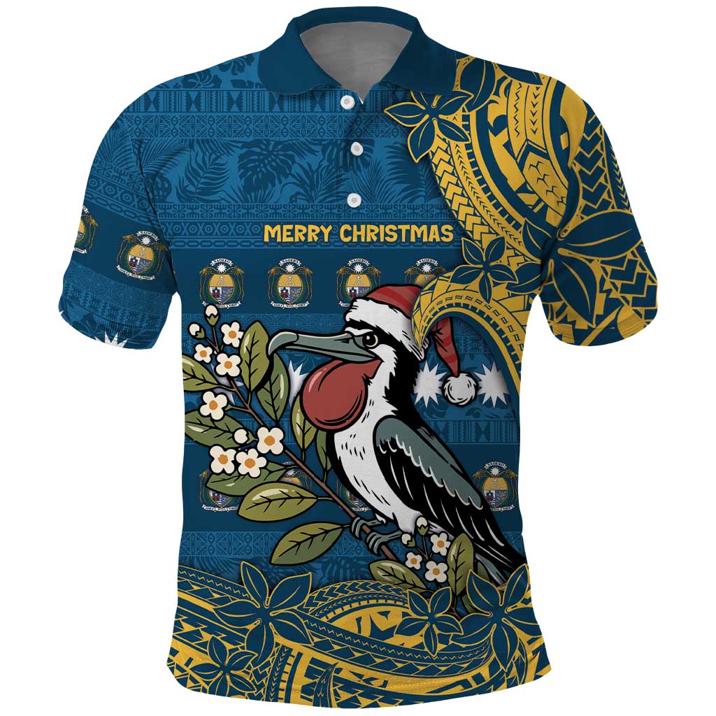 Nauru Christmas Polo Shirt Frigatebird Bird Santa Tribal Waves - Polynesian Pride