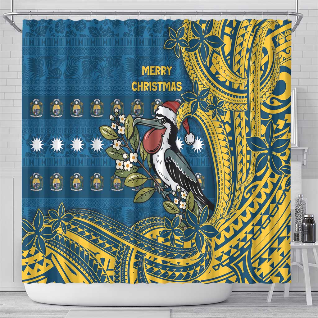 Nauru Christmas Shower Curtain Frigatebird Bird Santa Tribal Waves - Polynesian Pride