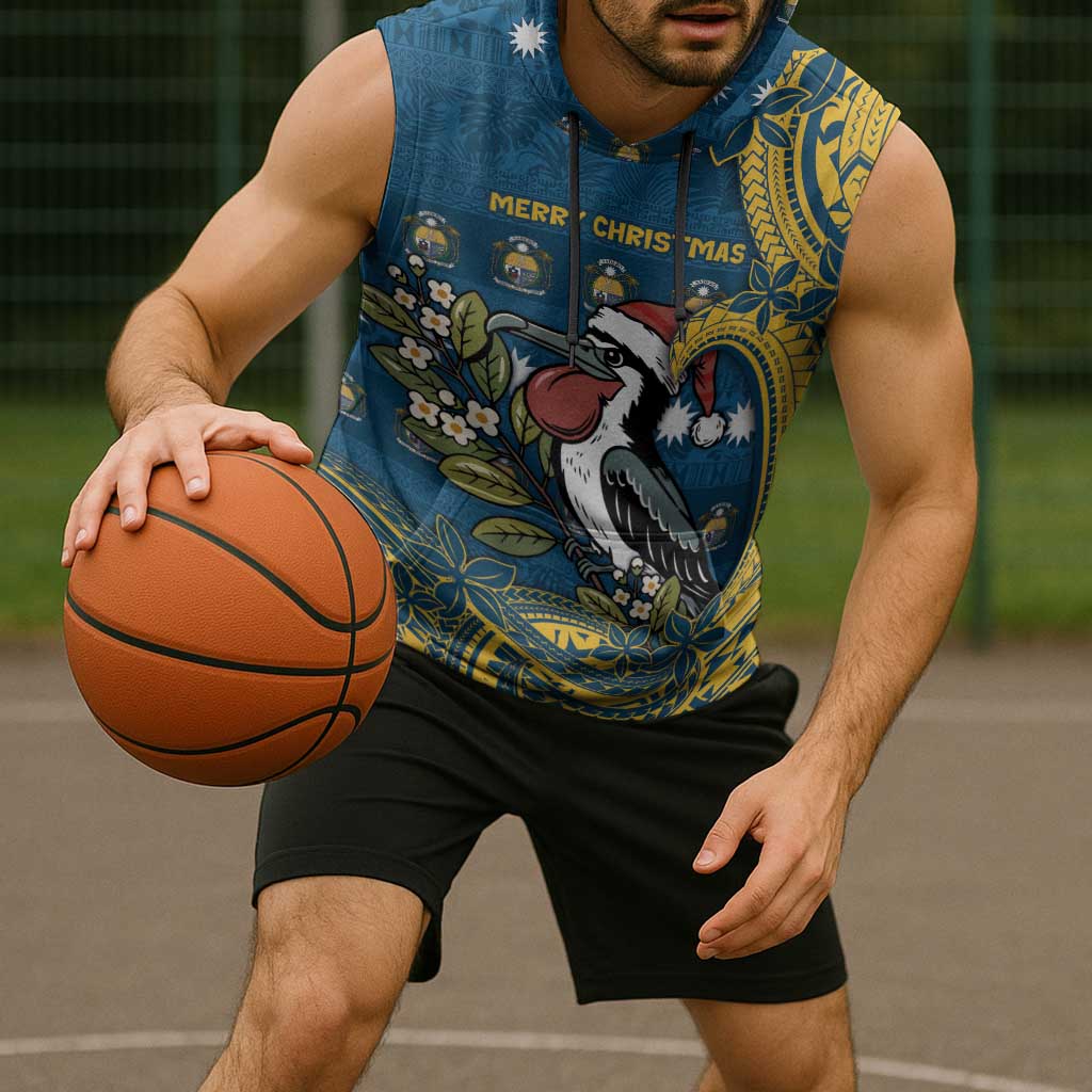 Nauru Christmas Sleeveless Hoodie Frigatebird Bird Santa Tribal Waves - Polynesian Pride